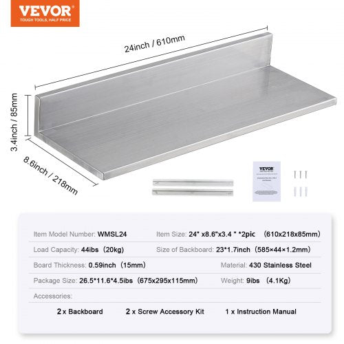 86 x 24 Stainless Steel Shelf Wall Mounted Floating Shelving with Backsplash
