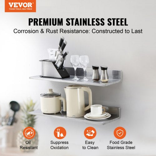 8.6 x 30 Stainless Steel Shelf Wall Mounted Floating Shelving with Backsplash