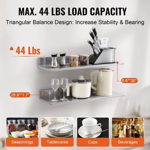 8.6 x 30 Stainless Steel Shelf Wall Mounted Floating Shelving with Backsplash
