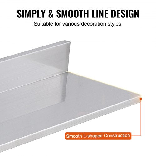 8.6 x 30 Stainless Steel Shelf Wall Mounted Floating Shelving with Backsplash
