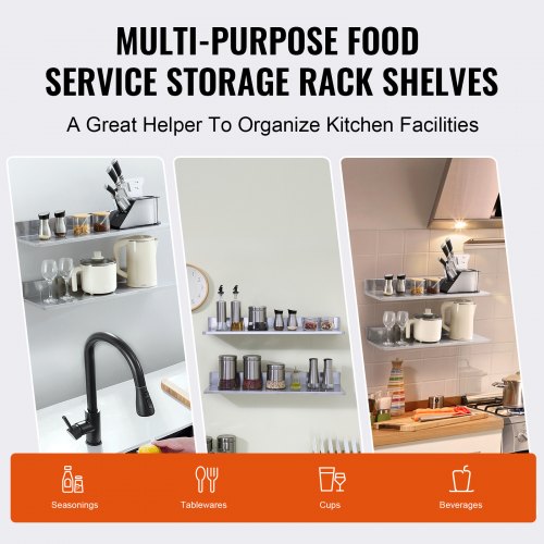 8.6 x 30 Stainless Steel Shelf Wall Mounted Floating Shelving with Backsplash