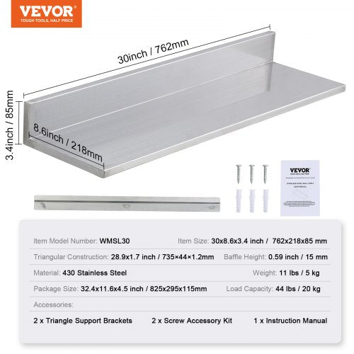 8.6 x 30 Stainless Steel Shelf Wall Mounted Floating Shelving with Backsplash