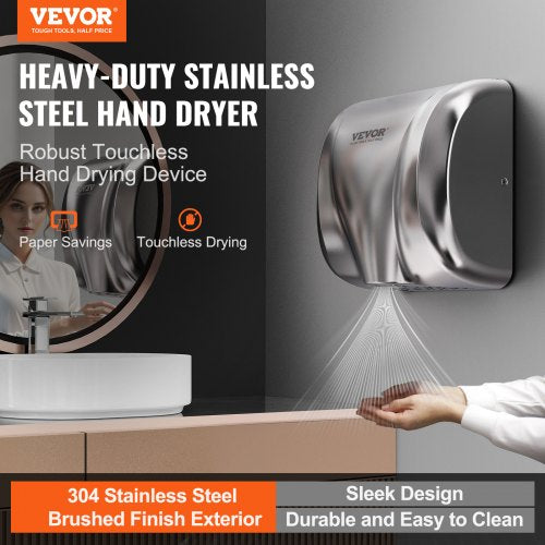 Heavy Duty Commercial Hand Dryer 1300W Automatic High Speed Stainless Steel