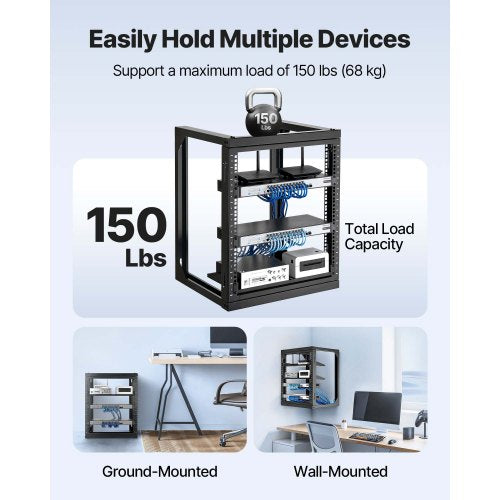 12U Wall Mount Server Rack 150 lbs Max Load Capacity Open Frame Network