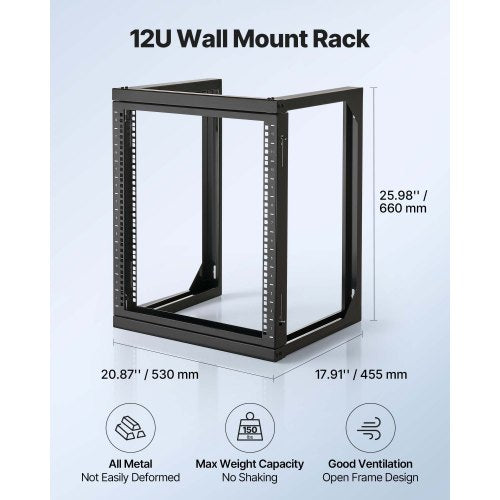 12U Wall Mount Server Rack 150 lbs Max Load Capacity Open Frame Network
