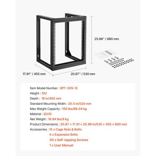 12U Wall Mount Server Rack 150 lbs Max Load Capacity Open Frame Network