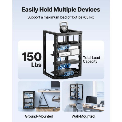 15U Wall Mount Server Rack 150 lbs Max Load Capacity Open Frame Network