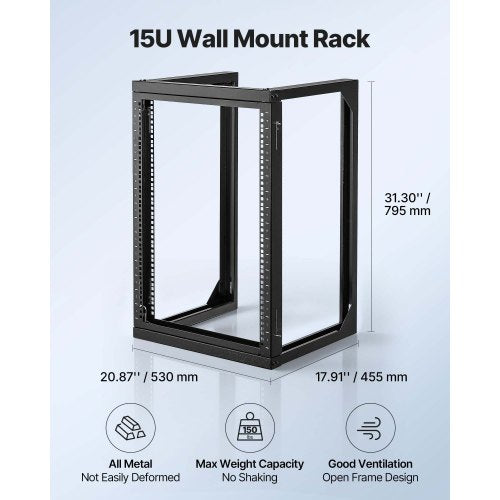 15U Wall Mount Server Rack 150 lbs Max Load Capacity Open Frame Network