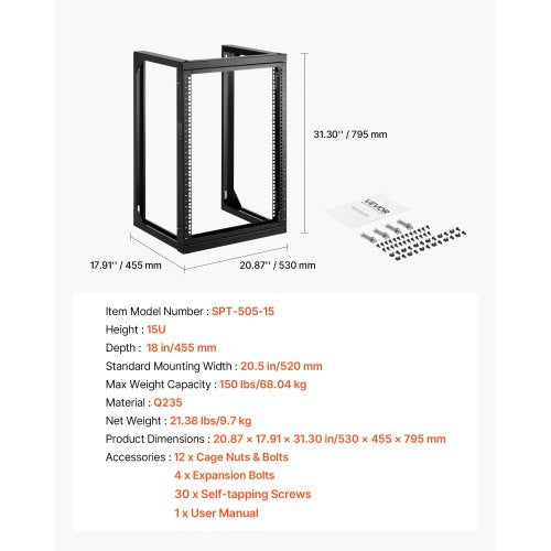 15U Wall Mount Server Rack 150 lbs Max Load Capacity Open Frame Network
