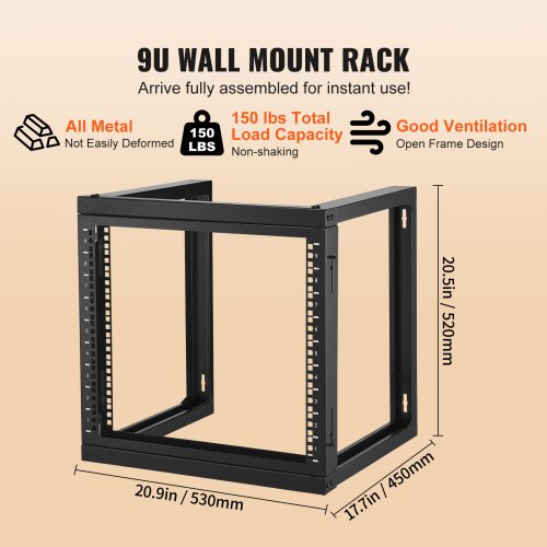 9U Wall Mount Rack 150 lbs6804 kg Open Frame Server Network Rack Black
