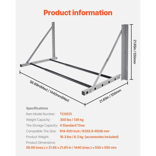 Wall Mounted Folding Tire Rack 32 – 48 Adjustable Tire Rack Q235