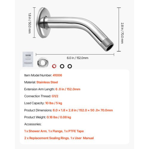 Shower Arm with Flange 6 Inches Wall Mounted Stainless Steel Shower Head