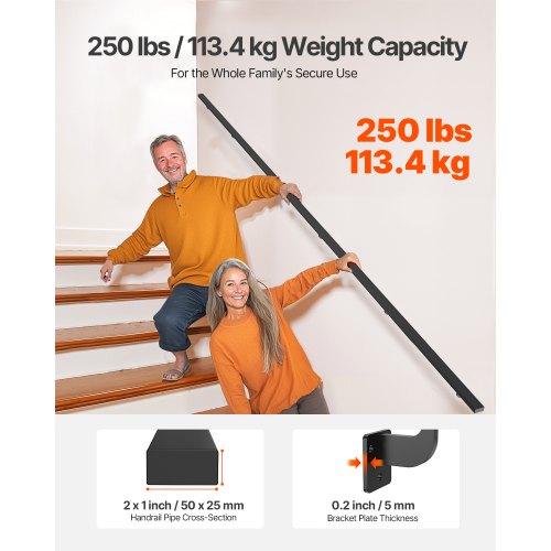 Wall Mounted Stair Handrail 15ft Black Aluminum Staircase Handrail Indoor