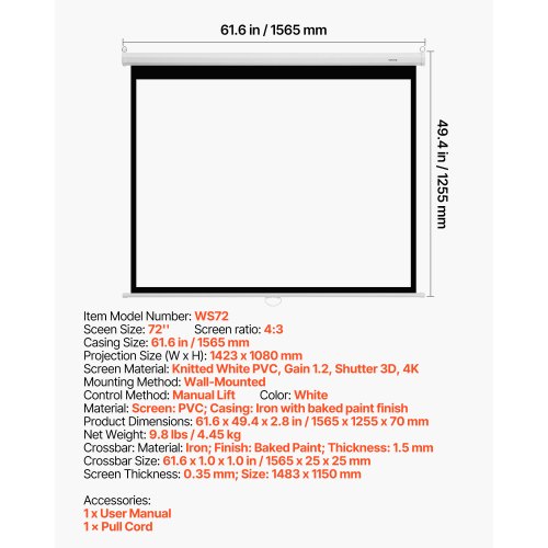 Manual Projector Screen 72 inch 43 4K 1080 HD Retractable Pull Down Projector