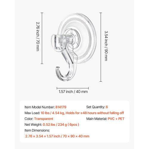 Suction Cup Hooks 6 Pack 276 x 354 x 157 inch 10 LBS Max Load Clear