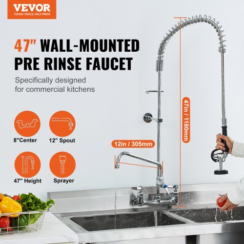 WallMounted Kitchen Faucet 47 Tall 8 Apart with 12 Rotating Spout and PreRinse