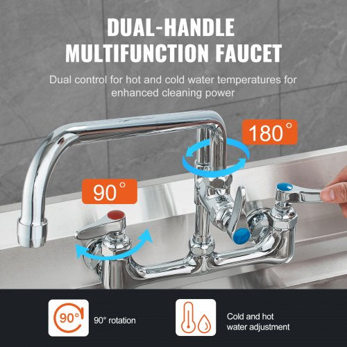 WallMounted Kitchen Faucet 47 Tall 8 Apart with 12 Rotating Spout and PreRinse