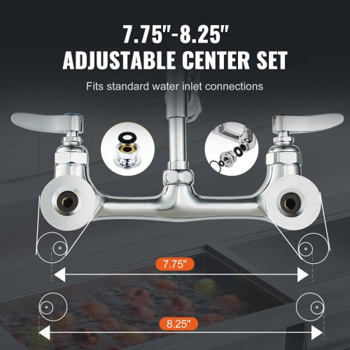 WallMounted Kitchen Faucet 47 Tall 8 Apart with 12 Rotating Spout and PreRinse