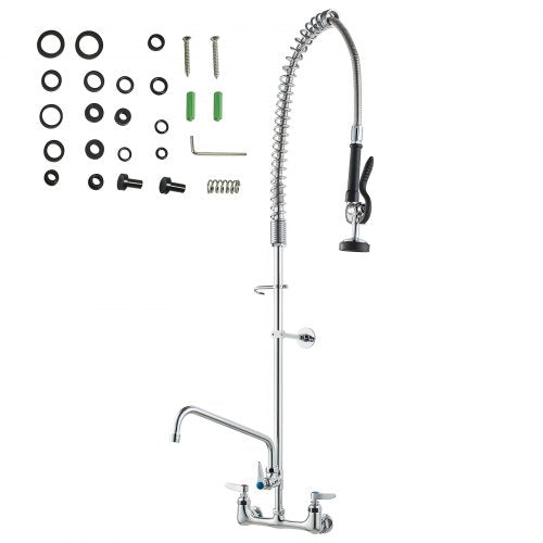 WallMounted Kitchen Faucet 47 Tall 8 Apart with 12 Rotating Spout and PreRinse