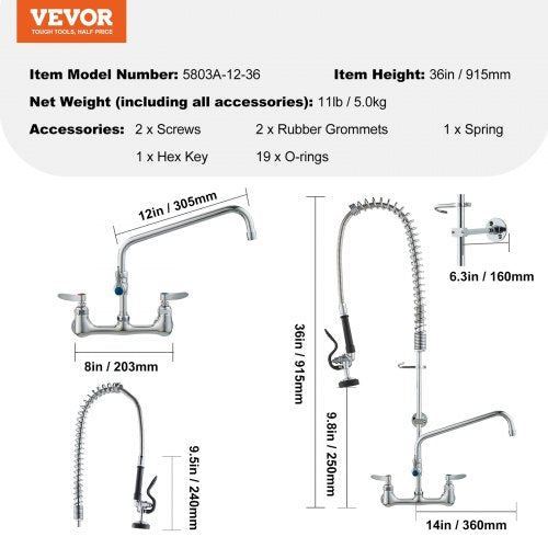 WallMounted Brass Kitchen Faucet 36 Tall 8 Installation Width Includes