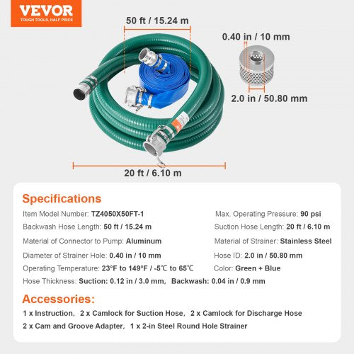 Suction Hose Kit for Water Pump with 2 in x 50 ft Blue Backwash Hose 20 ft