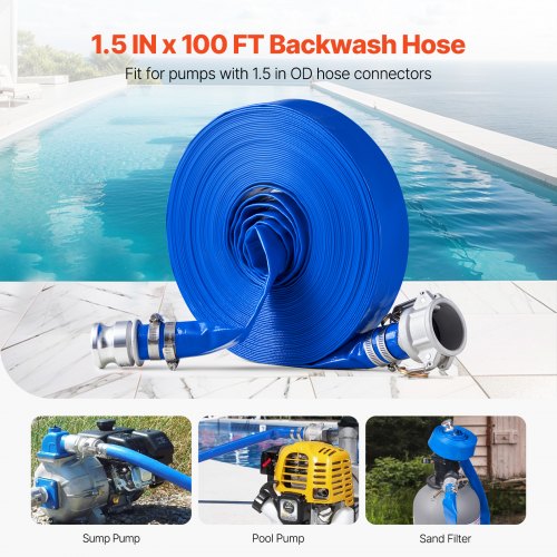 Backwash Hose 1.5 in x 100 ft Blue High Quality PVC Hose with Clamps