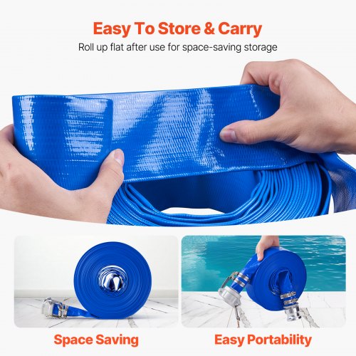 Backwash Hose 1.5 in x 100 ft Blue High Quality PVC Hose with Clamps