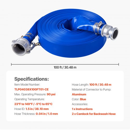 Backwash Hose 1.5 in x 100 ft Blue High Quality PVC Hose with Clamps