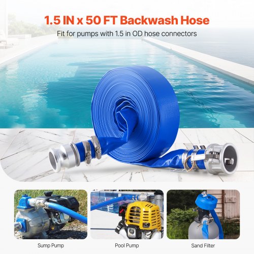 Backwash Hose 1.5 in x 50 ft Blue High Quality PVC Hose with Clamps