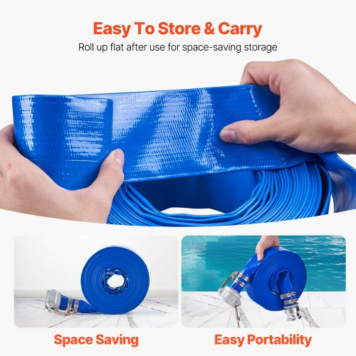 Backwash Hose 1.5 in x 50 ft Blue High Quality PVC Hose with Clamps