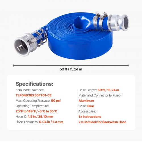 Backwash Hose 1.5 in x 50 ft Blue High Quality PVC Hose with Clamps