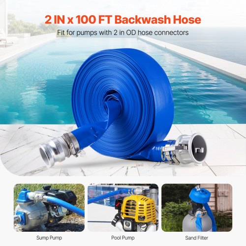 Backwash Hose 2 in x 100 ft Blue High Quality PVC Hose with Clamps