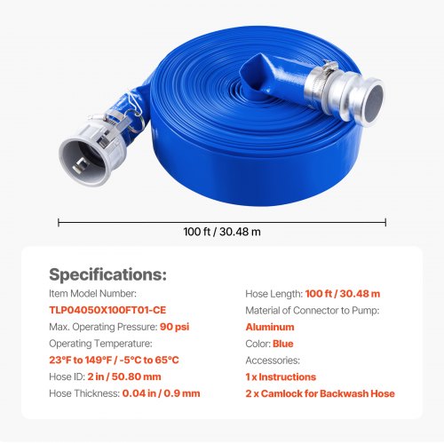 Backwash Hose 2 in x 100 ft Blue High Quality PVC Hose with Clamps