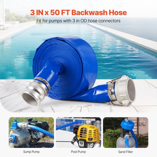 Backwash Hose 3 in x 50 ft Blue High Quality PVC Hose with Clamps