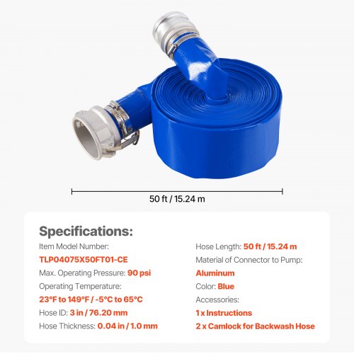 Backwash Hose 3 in x 50 ft Blue High Quality PVC Hose with Clamps