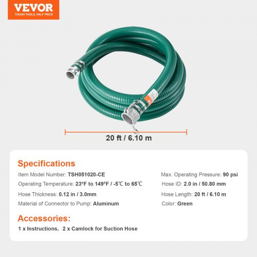 Suction Hose 2 in x 20 ft Green High Quality Hose with Camlock