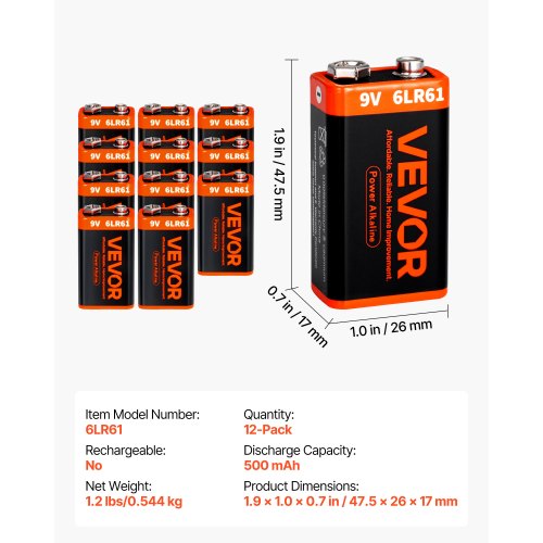9V Alkaline Batteries 12Pack 9 Volt Square Battery for Smoke Detector