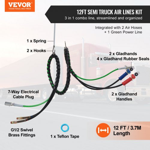 12FT Semi Truck Air Lines Kit with 2PCS Glad Hands 3in1 Air Hoses 7 Way