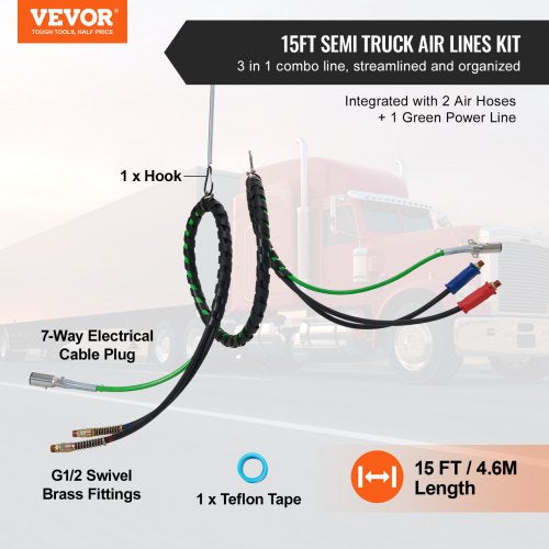 15FT Semi Truck Air Lines Kit 3in1 Air Hoses ABS Power Line for Semi