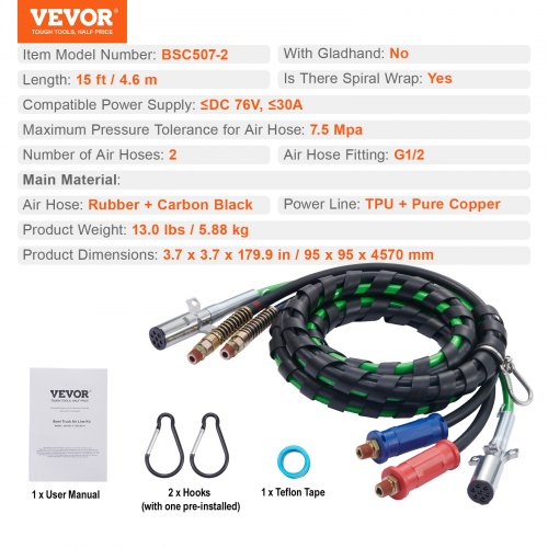 15FT Semi Truck Air Lines Kit 3in1 Air Hoses ABS Power Line for Semi