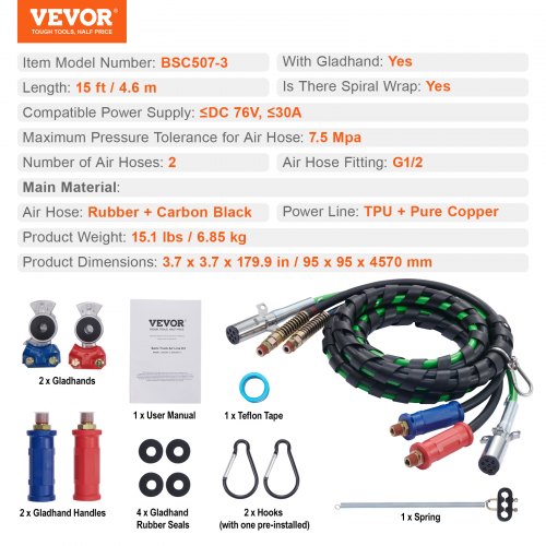 15FT Semi Truck Air Lines Kit with 2PCS Glad Hands 3in1 Air Hoses 7 Way