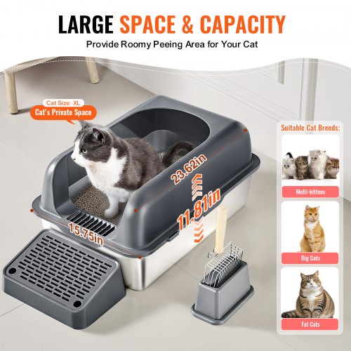 Cat Litter Box 6 inches Deep XL Extra Large Stainless Steel Cat Litter Box