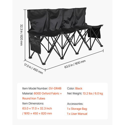 Portable Folding Bench 4 Seat Foldable Soccer Bench with Side Pockets