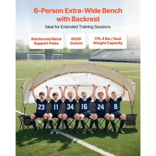 Portable Folding Bench 6 Seat Soccer Bench with Storage Pockets Cup Holders