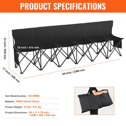Portable Folding Bench 6 Seat Foldable Soccer Bench with Side Pockets
