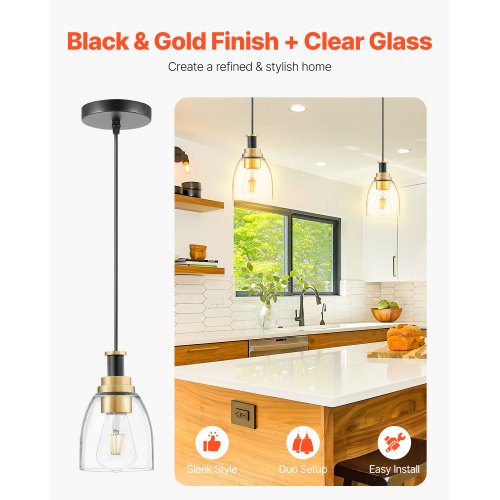 1Light Pendant Light 2 Pack Kitchen Island Lights with Clear Glass Shade