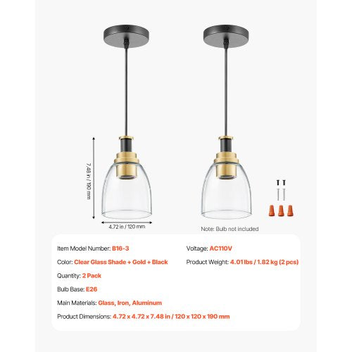 1Light Pendant Light 2 Pack Kitchen Island Lights with Clear Glass Shade