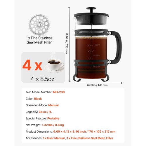 French Press Coffee Maker 34 Ounce 1 Liter Borosilicate Glass Tea With