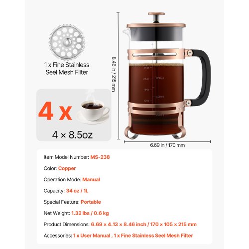 French Press Coffee Maker 34 Ounce 1 Liter Borosilicate Glass Coffee Press