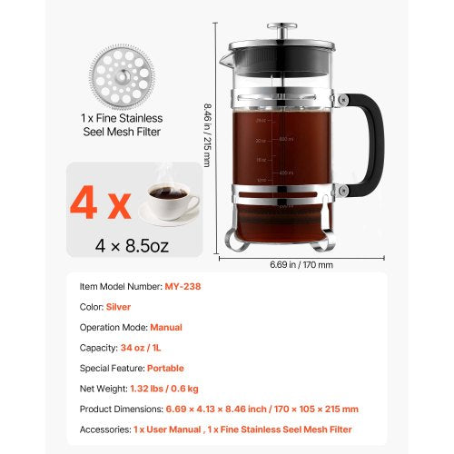 French Press Coffee Maker 34 Ounce 1 Liter Borosilicate Glass Tea With 1 8